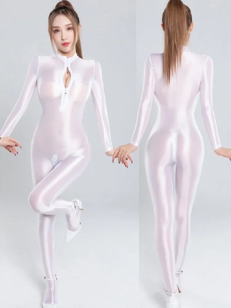 

Gym Yoga Tights Rompers Women Glossy Full Body Jumpsuit Long Sleeve 2 Zipper Open Bust & Crotch Bodysuits Clubwear Sportwear