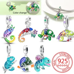 925 Sterling Silver Color Forest Chameleon Charm Pendant Beads Fit Charm Bracelet Original for Women DIY Jewelry Making