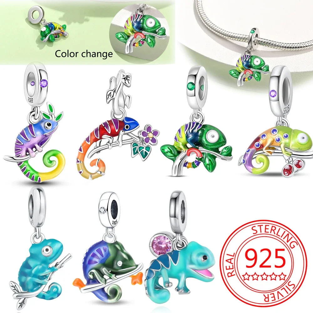 925 Sterling Silver Color Forest Chameleon Charm Pendant Beads Fit Charm Bracelet Original for Women DIY Jewelry Making