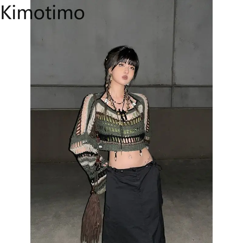 

Kimotimo Y2k Patchwork Striped Hollow Out Pullover Women Vintage Loose Versatile Cropped Sweater Autumn Spicy Girl Knitted Tops