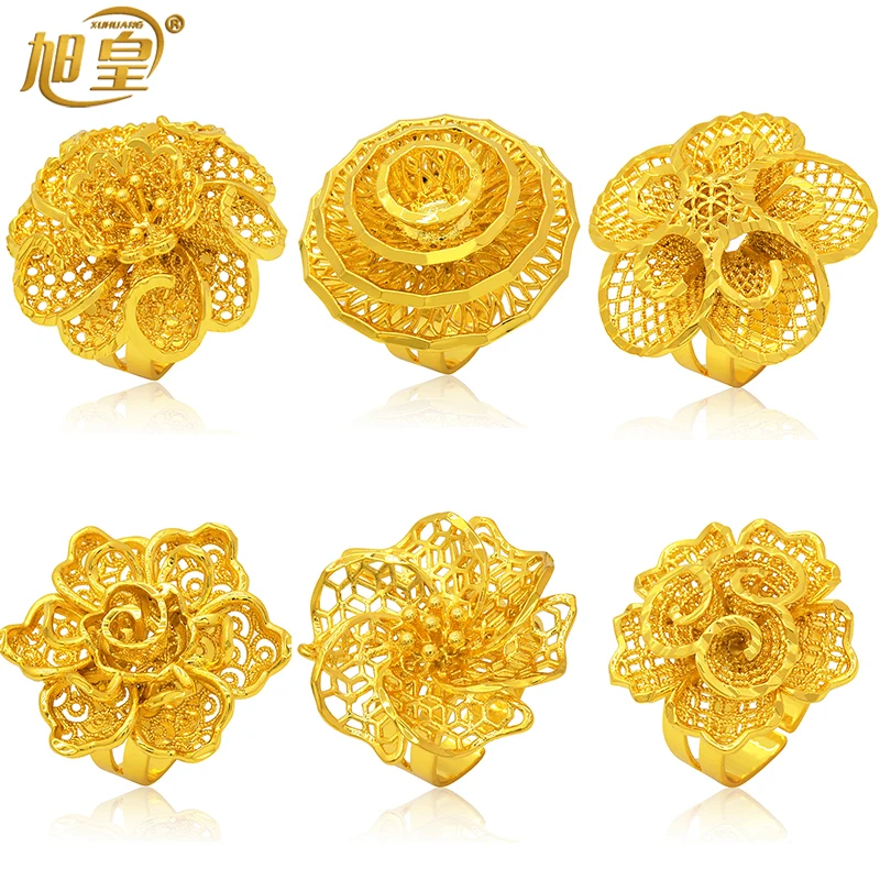 

Dubai 24K Gold Plated Golden Ring NEW Fashion Luxury Charm Flower Design Saudi Arabia Ethiopian Wedding Engagement Jewelry Gifts