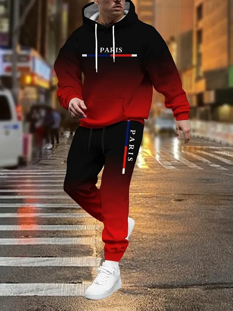 Farbverlauf Paris Trainingsanzug Outfit Herren Street Fashion 3D-Druck Sport Hoodie 2-teiliges Herbst/Winter Sweatshirt Jogginghose Set