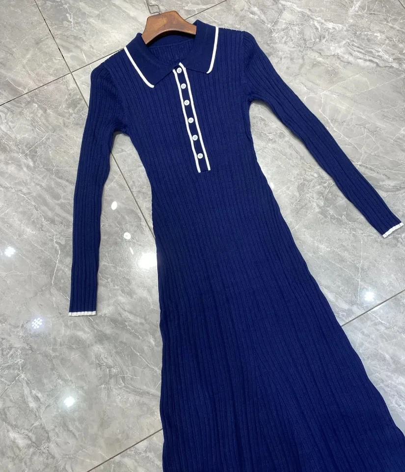 New women long sleeve turn down collar contrast color patchwork knitted dresses long maxi sweater dress