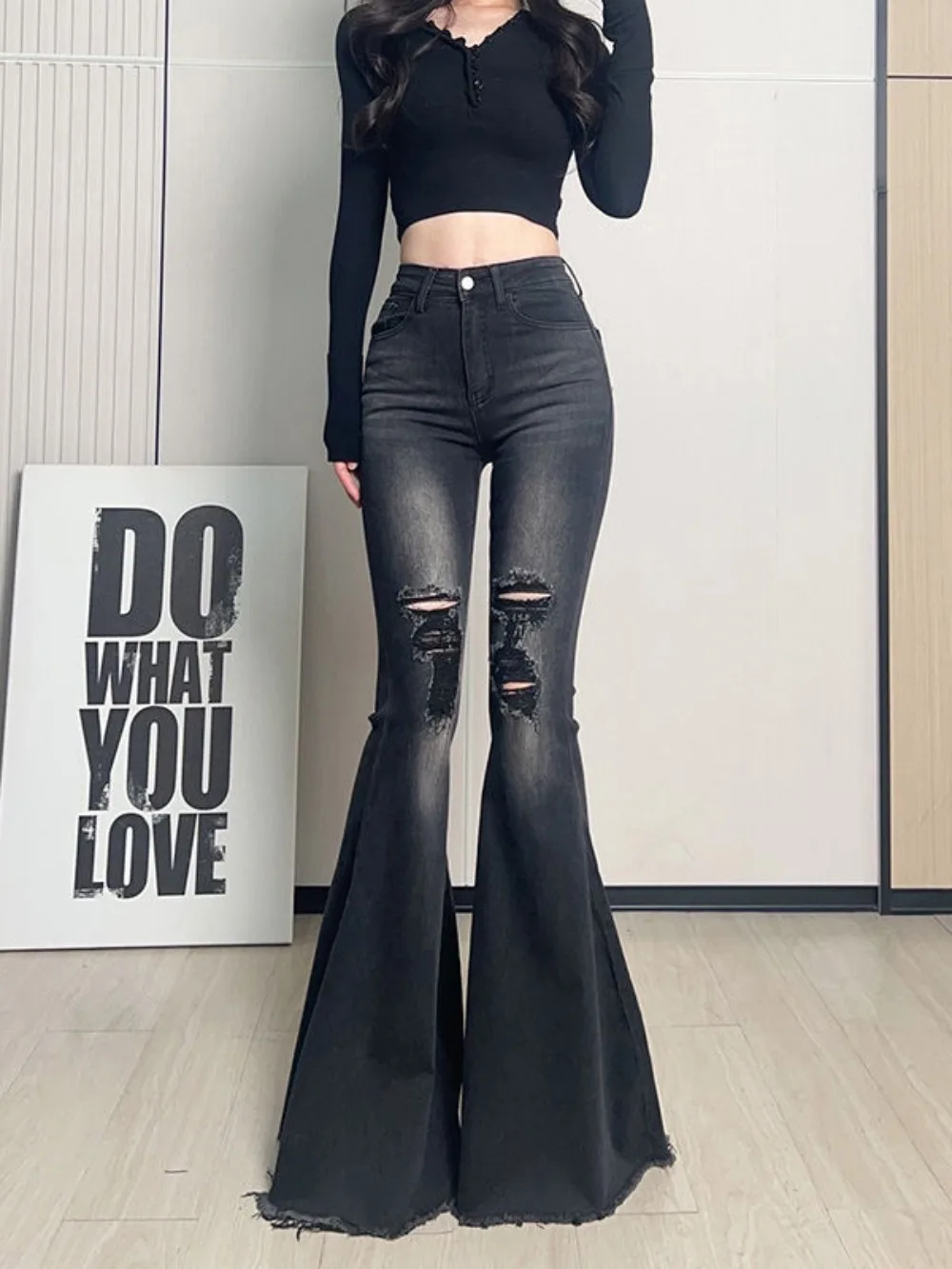 

High Waist Shot Women's Flared Jeans Skinny Spring Autumn Female Cowboy Ripped Pants New in Streetwear 2025 Fashion Trousers
