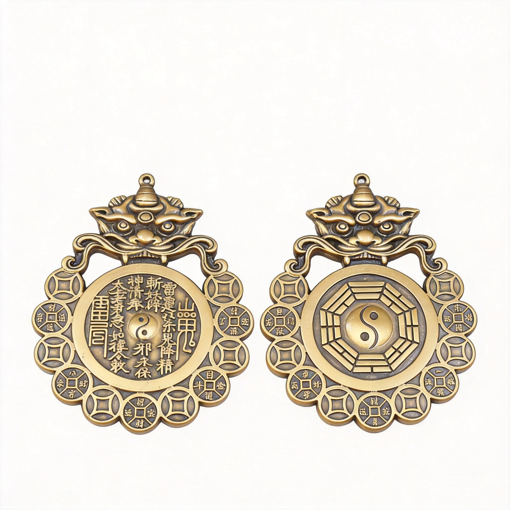 Chinese Traditional Brass Mountain Ghost Bagua Beast Head Lucky Coin Feng Shui Good Luck Blessing Wealth Protection Car Hanging