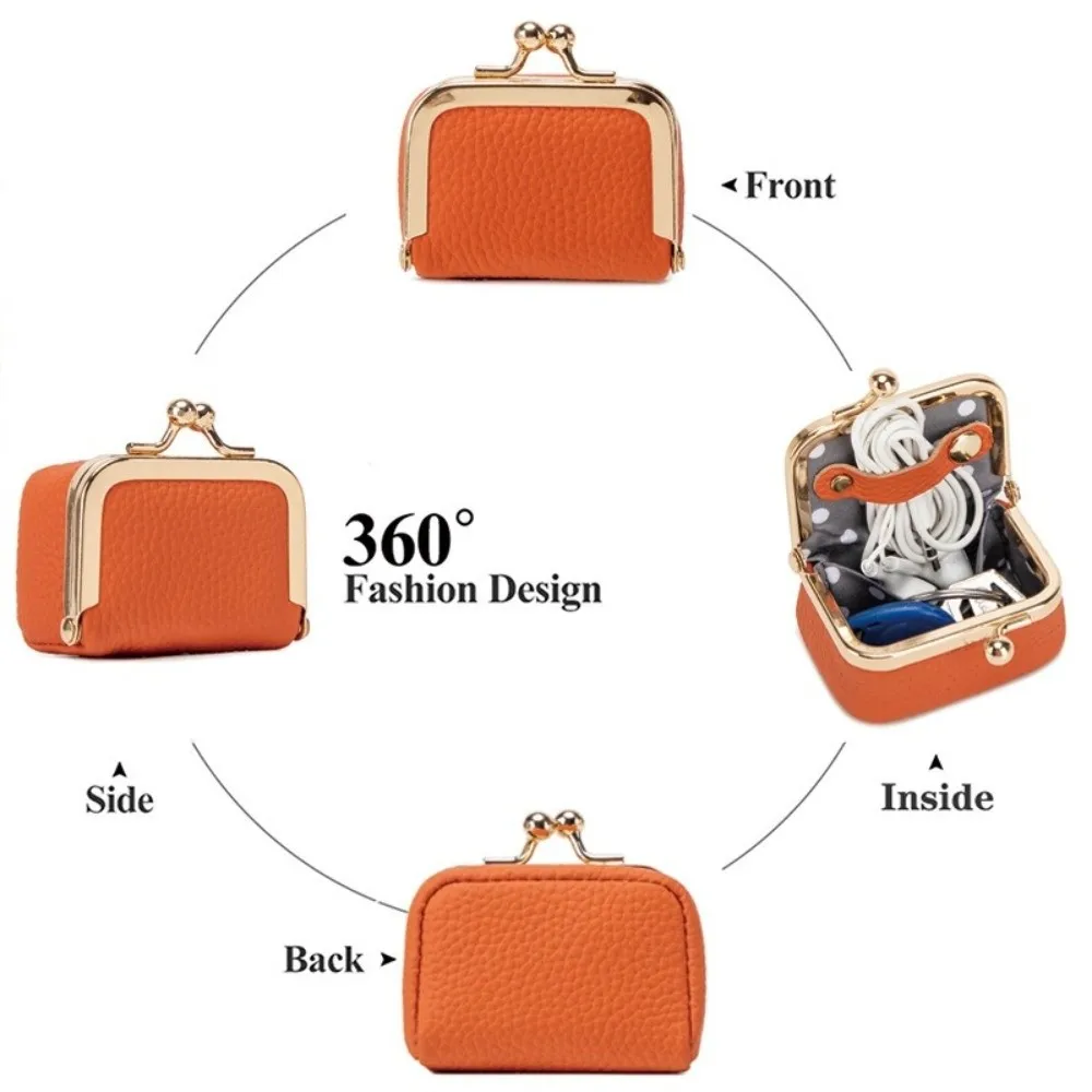 Wallet Genuine Leather Kiss Lock Coin Purse Solid Color Square Leather Jewelry Bag Multifunctional Mini Small Item Bag Earrings image 2