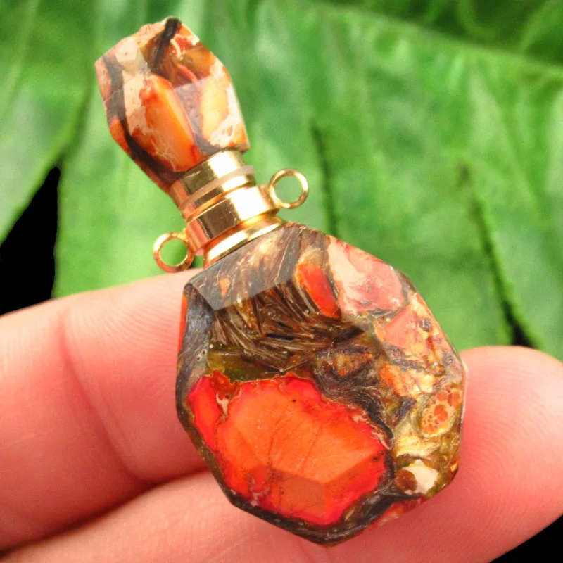 Orange Sea Sediment Jasper Gold Copper Bornite Stone Charm Essential Oil Diffuser Bottle Pendant Birthstone Jewelry High End