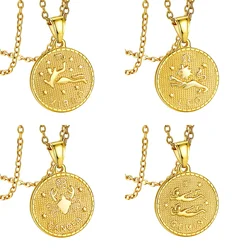 U7 12 Zodiac Coins Necklace Horoscope Astrology Medallion 20inches Rolo Chain Constellation Birthday Jewelry Gift for Her QC24