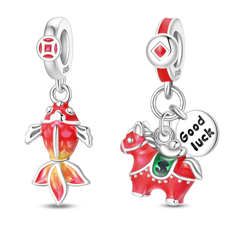 

Fit DIY Original 925 Sterling Silver Chinese Good Luck Koi Horse Charms Beads For Women Birthday Cute Pretty Jewelry Gifts