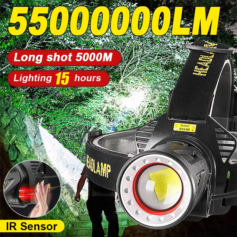 

55000000LM Most Powerful Headlight Rechargeable LED Front Lamp Induction Headlamp With Warning Light Camping Fishing Head Torch