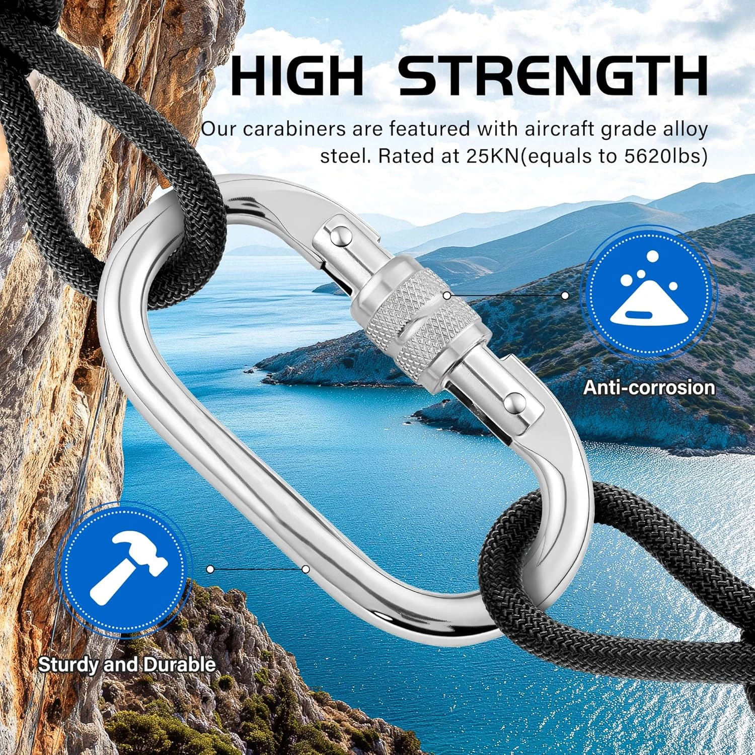 Locking Climbing Carabiner Steel Screw Gate Safety Lock Heavy Duty Connecting Buckle for Outdoor Rock Climbing Gear