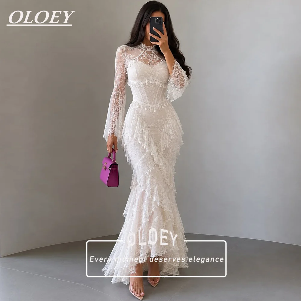 OLOEY Elegantes Spitzen-Meerjungfrauen-Hochzeitskleid mit hohem Kragen, asymmetrisches Boho-Brautkleid, maßgeschneidert für Damen 2026 Robe De Mariage