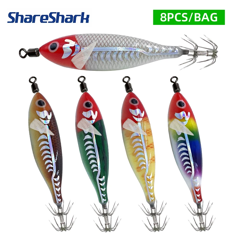 ShareShark 8 Stück/Beutel 5,7g 8cm Leuchtender Holz-Garnelen-Kalmarhaken-Köder Simulierter Blasrohr-Köder für Meeresangeln