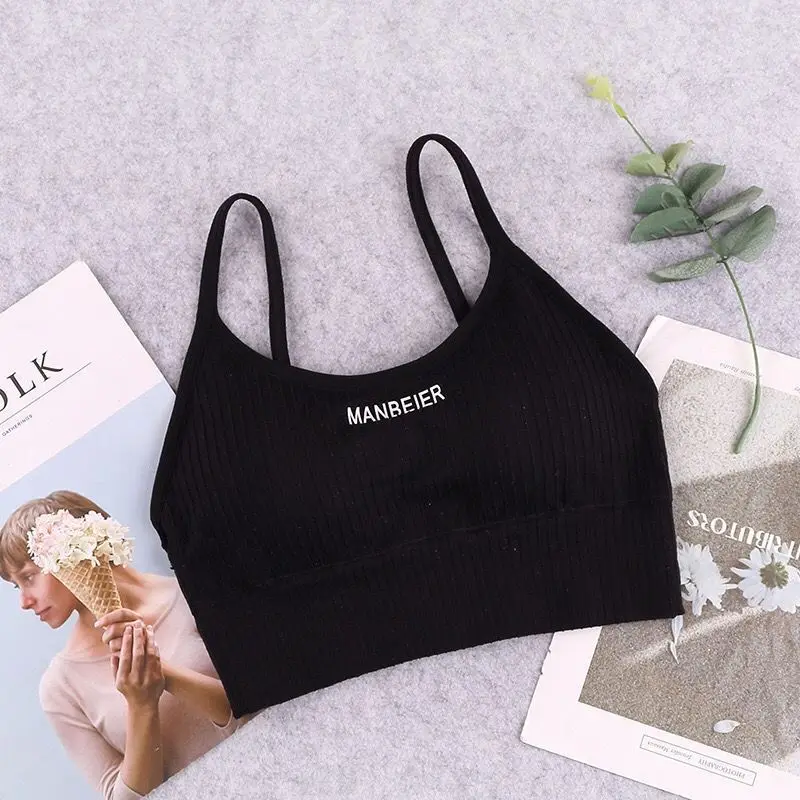 Letter Print Ribbed Camisole Bralette Contrast Trim Wireless Padded Sports Bra Thin Spaghetti Strap Stretch Tank Top for Teen Girls Daily Yoga Lounge Wear
