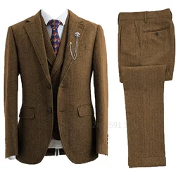 Men 3 Piece Suit Tweed Herringbone Double-Breasted Wedding Tuxedos Size Men Clothing Casual Style Men's Fashion Costume Homme