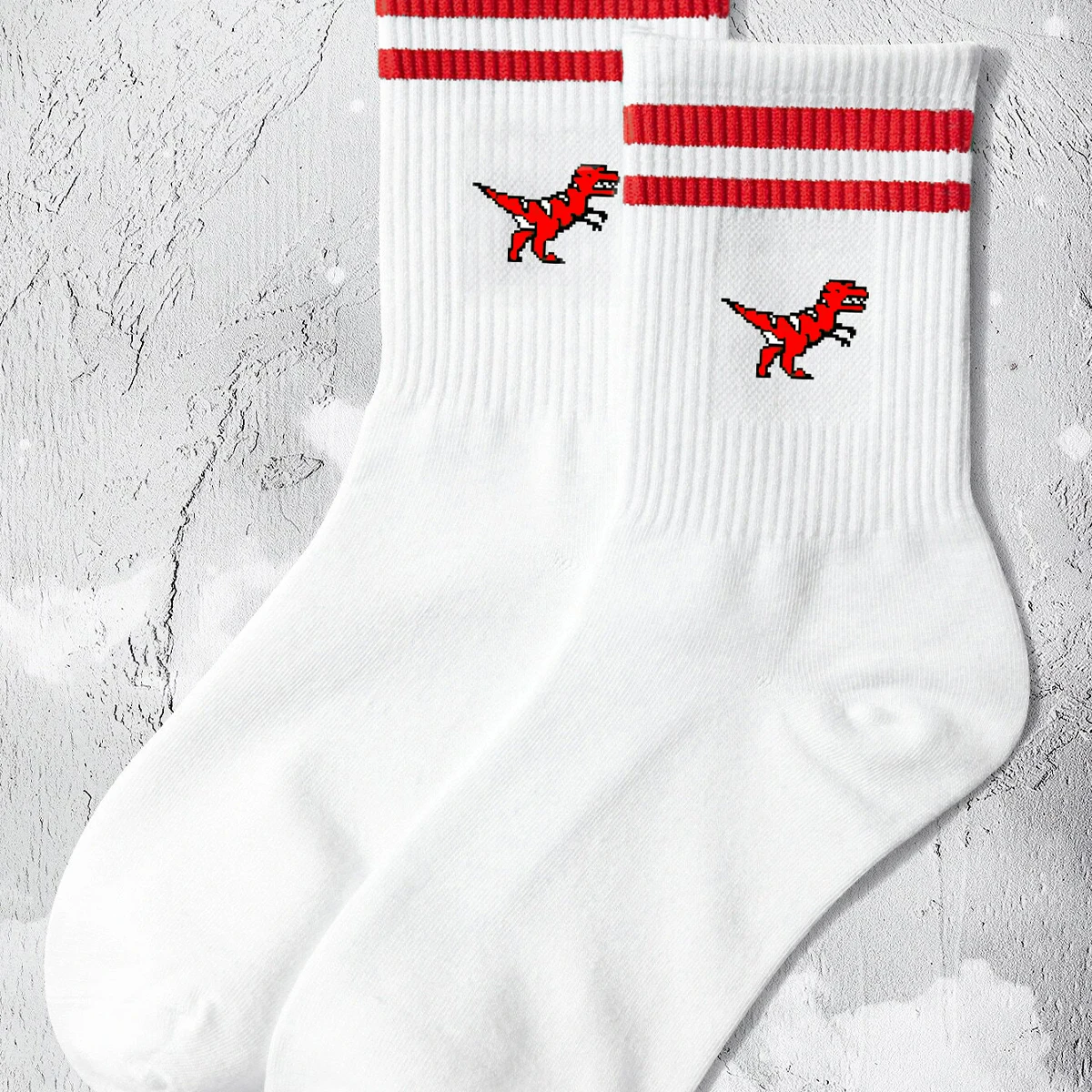 Multiple Pairs of Men\'s Crew Socks with Dinosaur Patterns, White, Unique, Comfortable, Breathable, Moisture-Wicking
