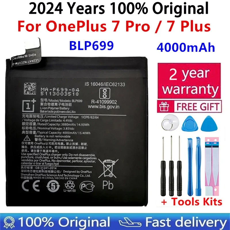 

2024 100% Original New Replacement Battery 4000mAh BLP699 For OnePlus 7Pro 7 Pro 7 Plus Mobile Phone Batteries + Free Tools