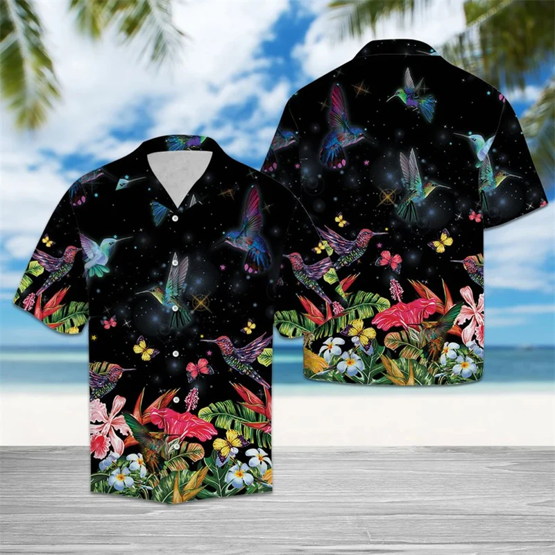 Camisas hawaianas con patrón de colibrí para hombre, camisa informal de verano para vacaciones, camisa con solapa estampada en 3D, blusa holgada y transpirable con botones