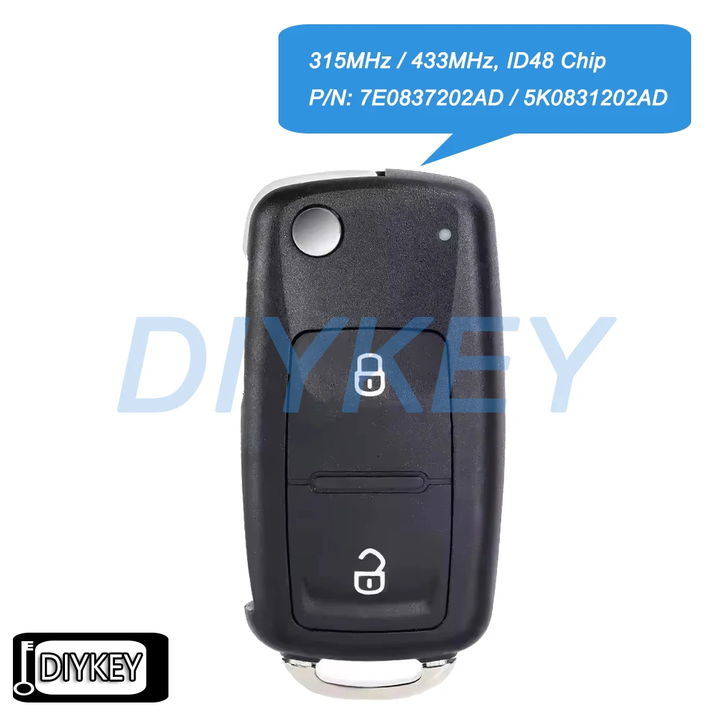 2 Buttons Flip Remote Key Fob 315MHz / 433MHz ID48 Chip for Volkswagen Amarok Transporter 2010-2016 7E0 837 202AD, 5K0 831 202AD