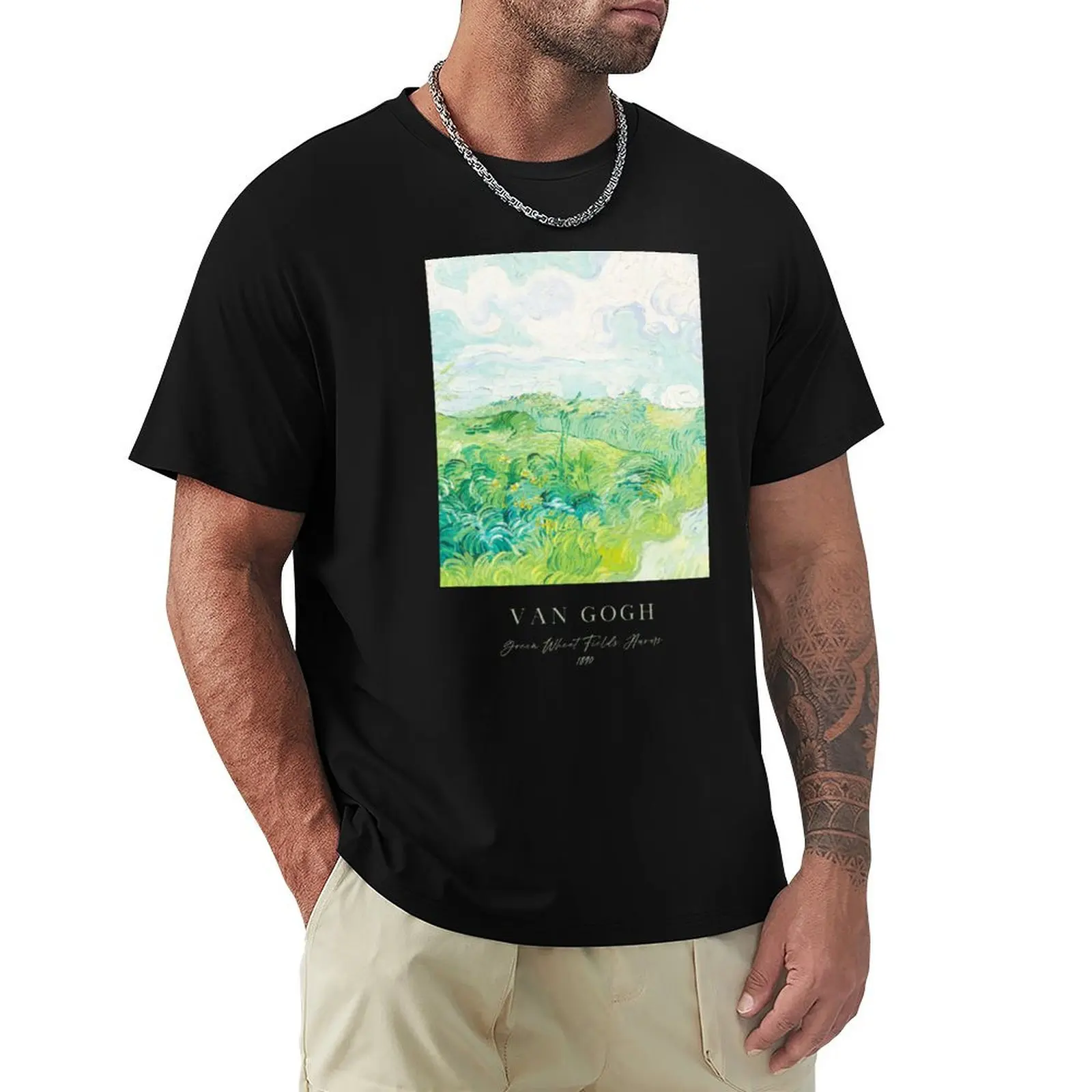 Green Wheat Fields, Auvers by Van Gogh, Sage Green T-Shirt Fashion Print Casual Short Sleeve