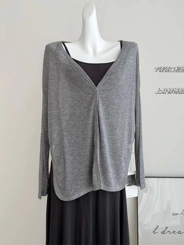 Damen-Strickjacke mit V-Ausschnitt und langen Ärmeln, Sonnenschutz, leichte Strickwaren, Frühling, Sommer, lässige Strandmode, Top, Strickjacke – Detail 16