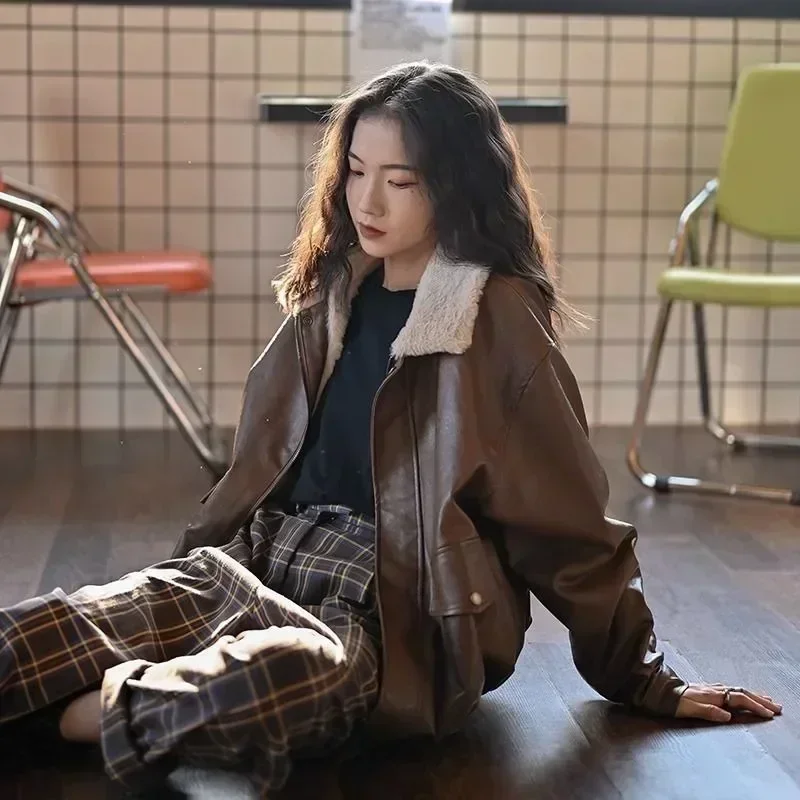 여성용 두꺼운 벨벳 짧은 PU 가죽 재킷, 루즈 가죽 재킷, 웨스턴 스타일 코튼, 스티치 라펠, 하이 스트리트, 신상