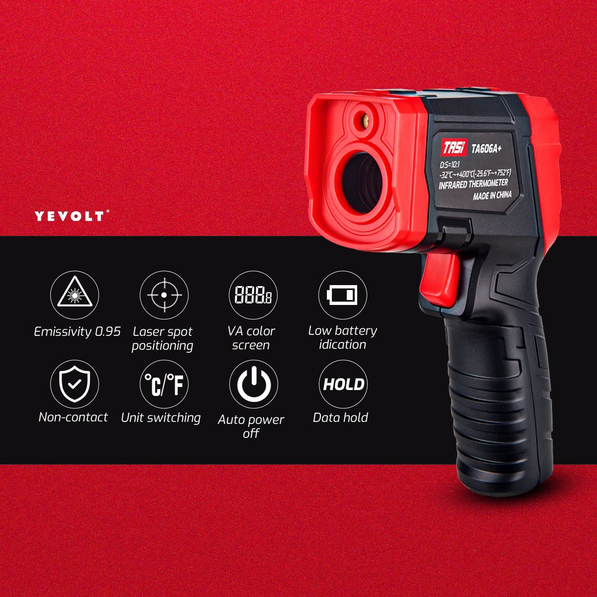 YEVOLT TA606+ Series Digital Infrared Thermometer Handheld Non Contact IR Laser  Heat Temperature Gun Point VA Color Screen