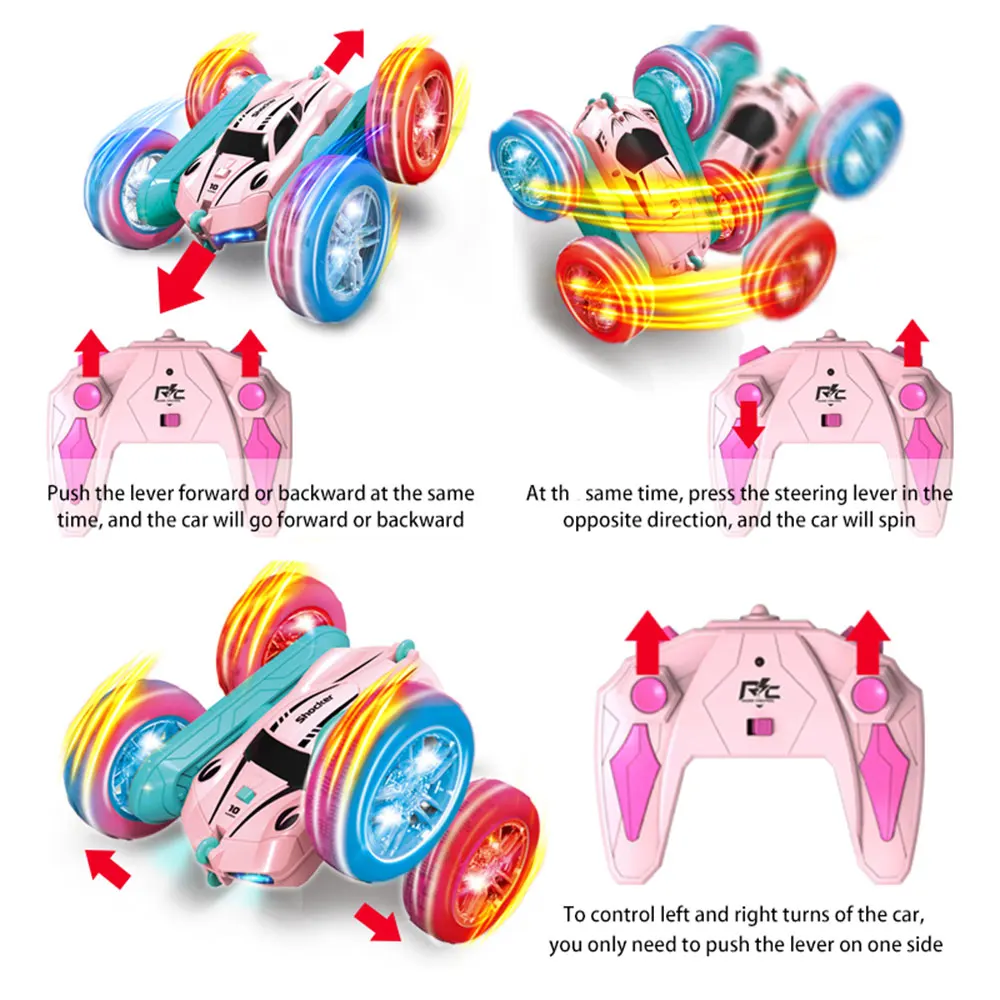 New Children\'S Remote Control Car Rc Stunt Car Light Wheel Rocker Arm Double Sided Car 360 ° Flip 2.4G Double Sided Car Gift