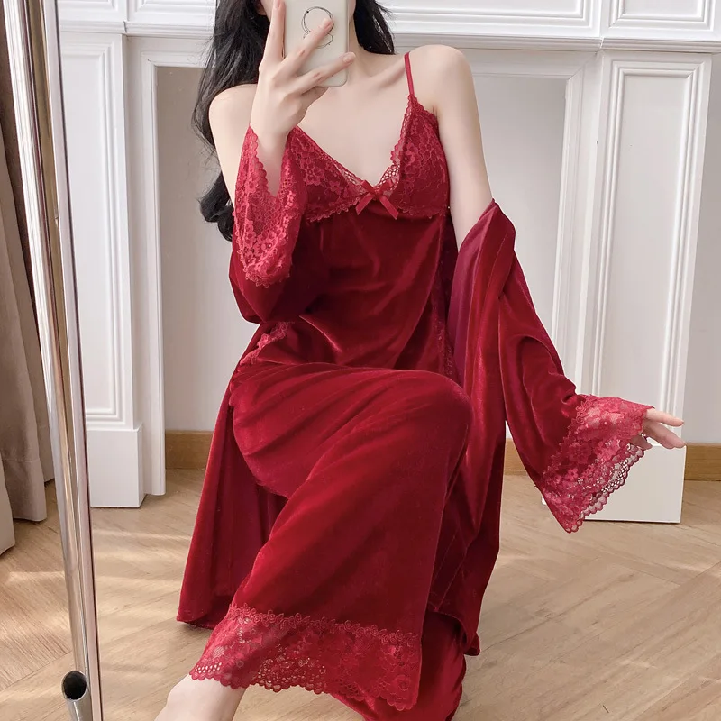 

3PCS Lace Velour Pajamas Suit Womens Sleepwear Full Sleeve Bathrobe&Cami&Trousers Home Clothes Autumn Winter Nightwear Lingerie
