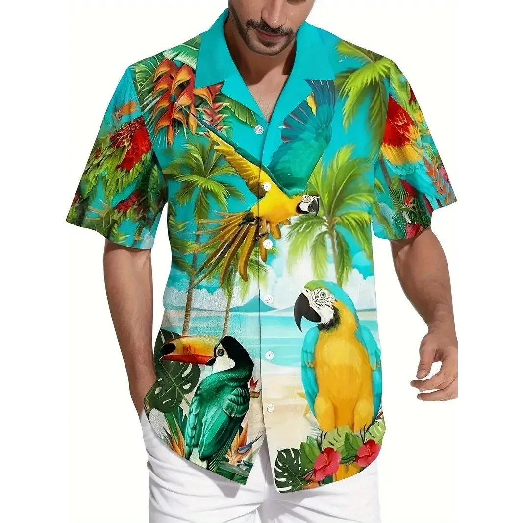 Heren Levendige Papegaai Tropische Bloemenprint Hawaii Shirts Casual Korte Mouw Button Up Strandshirt voor Mannen Zomervakanties - afbeelding 2