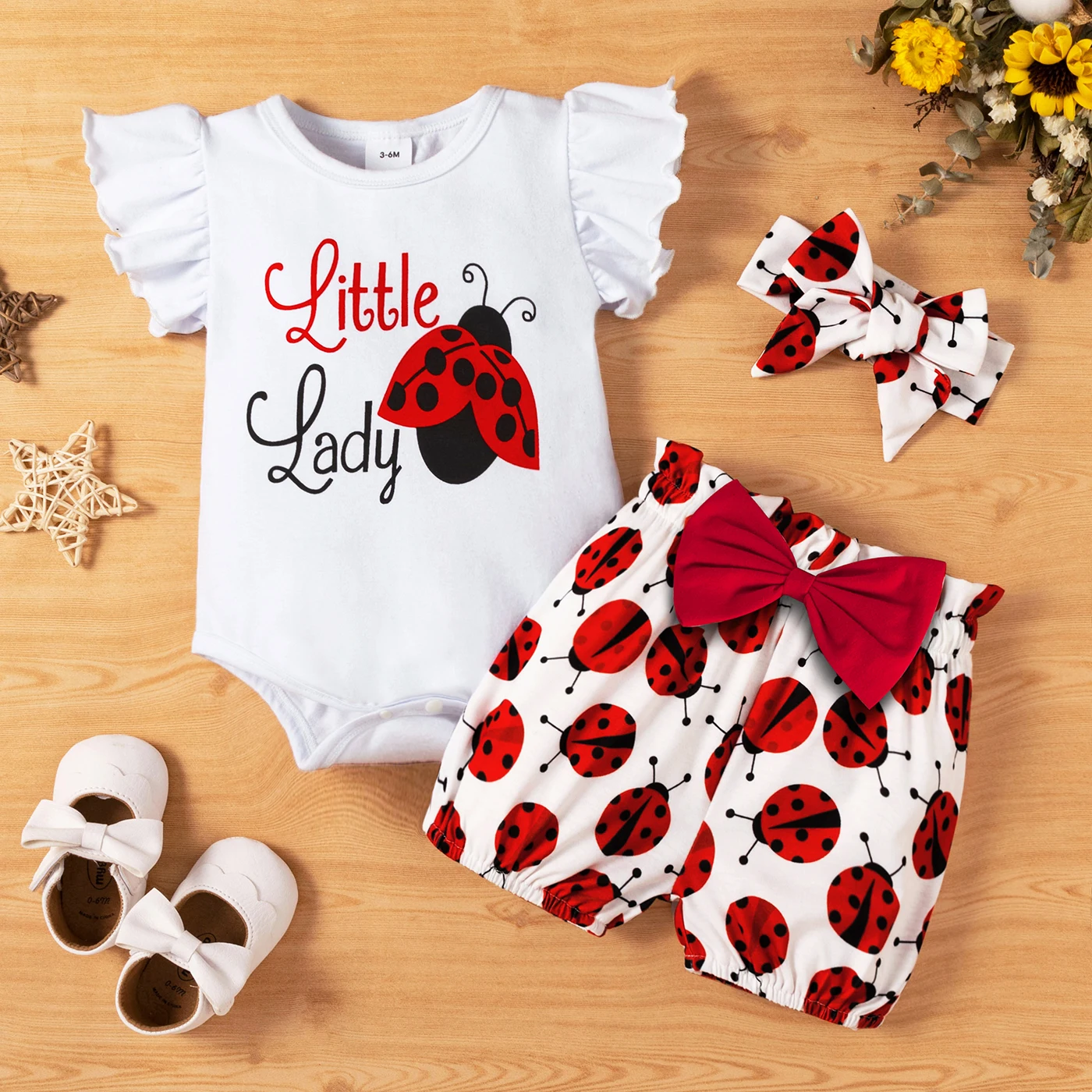 PatPat 3pcs Baby Girl 95% Cotton Ruffle Sleeve Letter Print Romper and Ladybugs Print Shorts with Headband Set