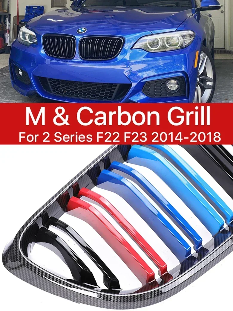 

New! Front Bumper Kidney Grills M Color Carbon Fiber Dual Slat Lower Grille Cover For BMW 2 Series F22 F23 2014 2015 2016 2017 2