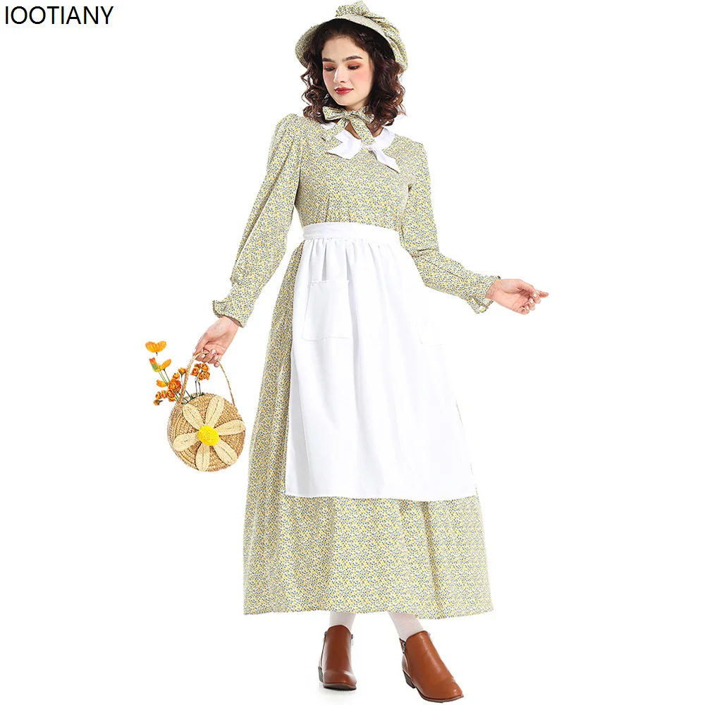 Halloween Prairie Colonial Country Maid Cosplay Floral Dress Medieval Victorian Dresses Carnival Party Masquerade Stage Dress Up