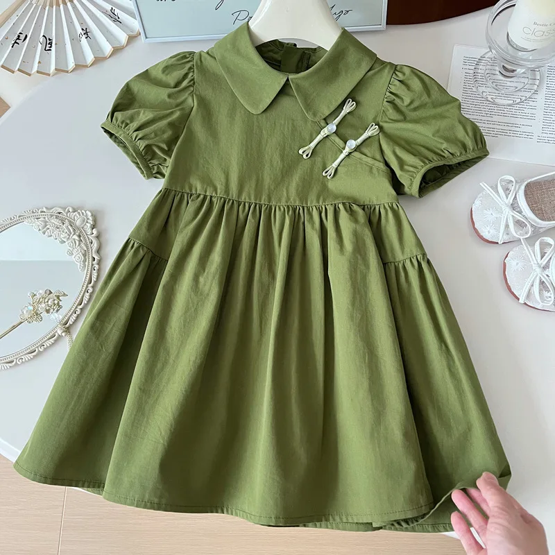 

Girls' Summer Short-Sleeved Dress2024New Green Children's Western Style Princess Dress Children Fashionable Skirt