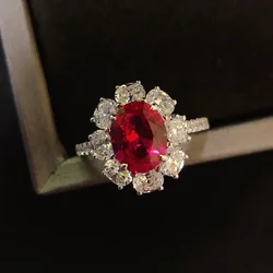 Solid Platinum PT950 Egg Shaped 2 Carat Pigeon Blood Ruby/Blue Diamond Ring 14K Gold Court Style Luxury