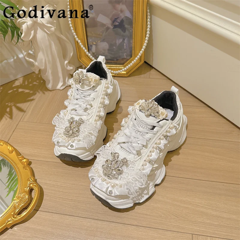 

Original Luxury Diamond Chunky Sneakers Girls Spring Lace Thick Soled Sneakers Female Height Increasing Casual White Shoes