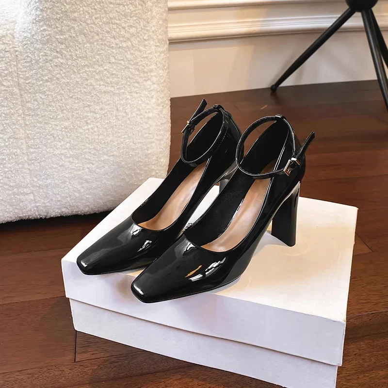

Patent Leather High Heel Women Mary Jane Shoes Fashion Square Toe Buckle Shoes Spring Autumn Ladies Elegant Party Dress Shoes