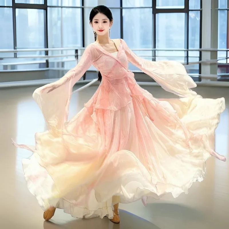 Chinese Classical Dance Costume Women Gradient Sheer Flowy Traditional Performance Outfit Stage Show Training Set Adults Girls