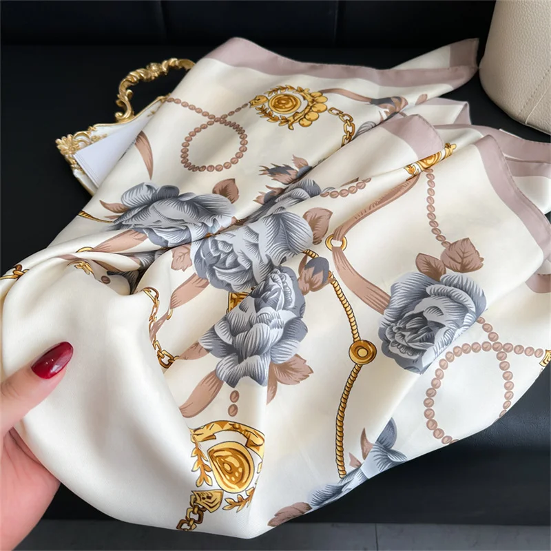 Luxury Flower Print Silk Scarf 90cm Twill Scarf Chain Large Square Scarves Sunscreen Shawl Headscarf for Women Foulard