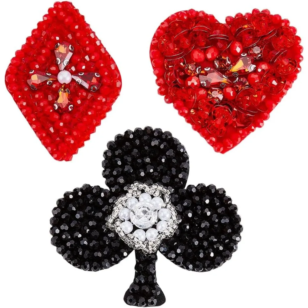 

3Pcs 3 Styles Resin with Rhinestone Embroider Thread Iron on/Sew On Patches Cloth Appliques Playing Card Pattern Mixed Color