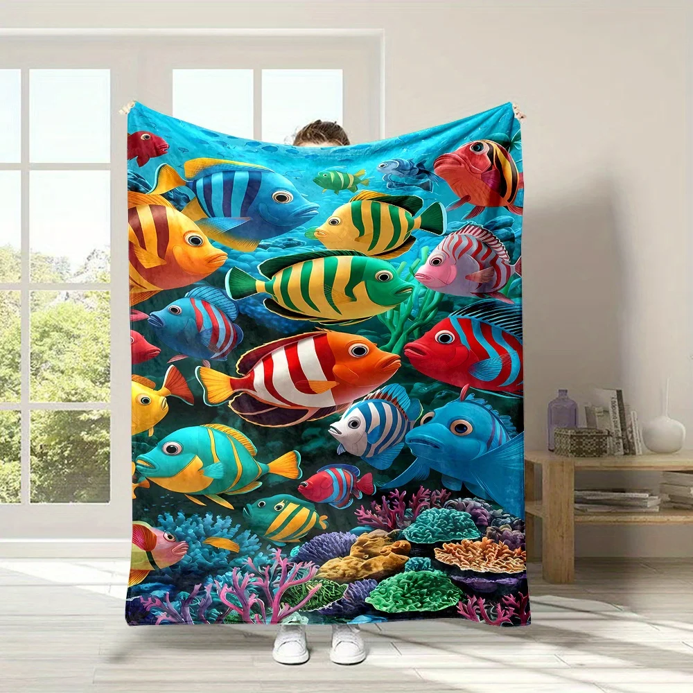 Reversible Underwater Sea Life Print Flannel Throw Blanket - Cartoon Fish and Coral Pattern, All-Season Mixed Color Polyester, N