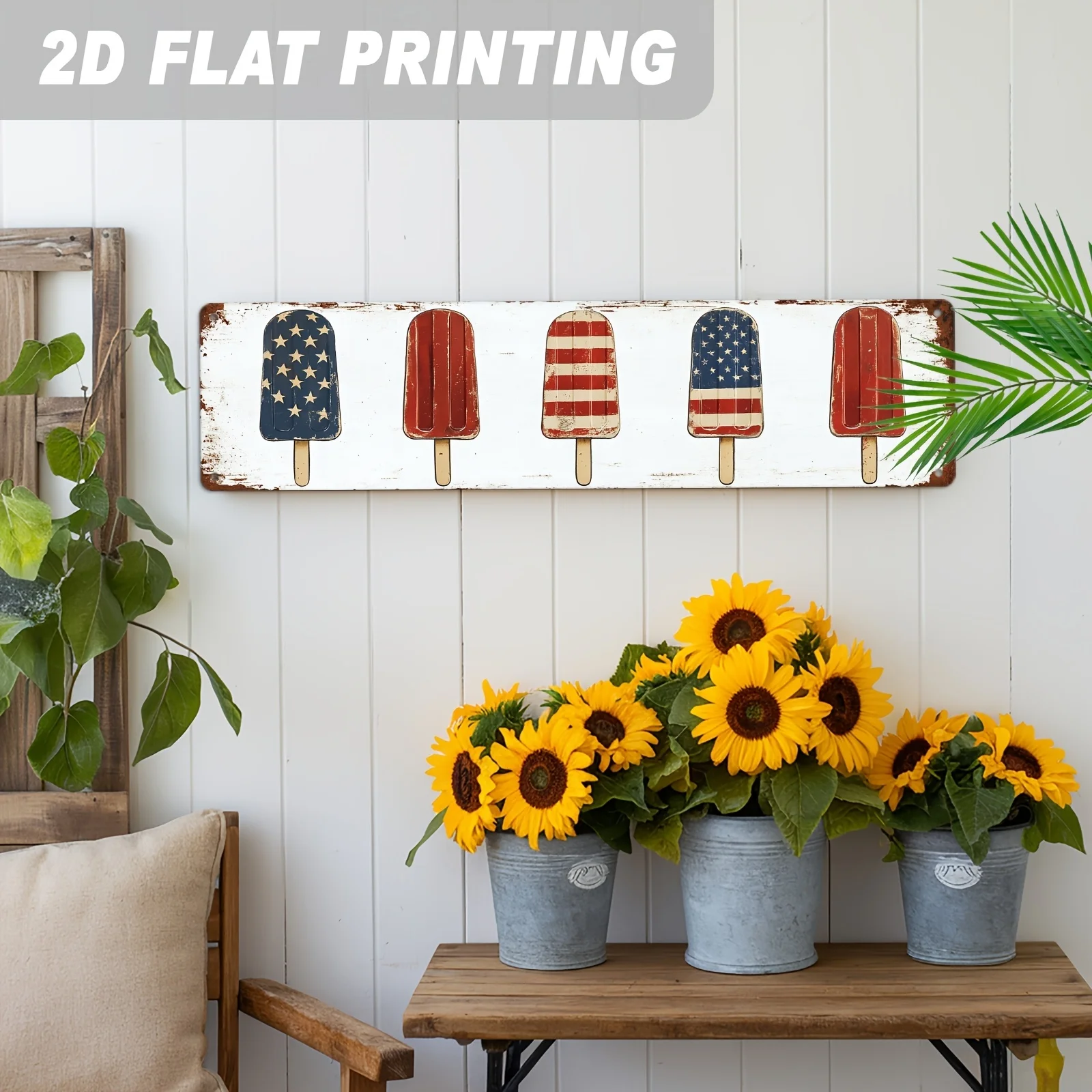 1pc American Flag Popsicle Design Metal Sign Patriotic Theme Wall Hanging Vintage Rustic Decor for Independence Day