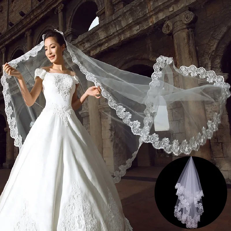 Weiß Kathedrale Hochzeit Schleier Eine Schicht Klassischen Brautkleid Schleier Appliques Spitze Rand Kein Kamm Hochzeit Zubehör