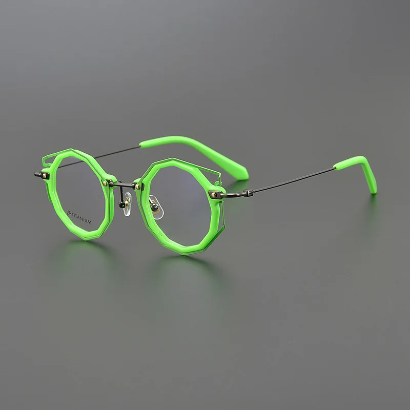 Originality Design Acetate Pure Titanium Eyeglasses Frame Fluorescent green Geometry Men Ladies Handmade Extra-light Eyewear