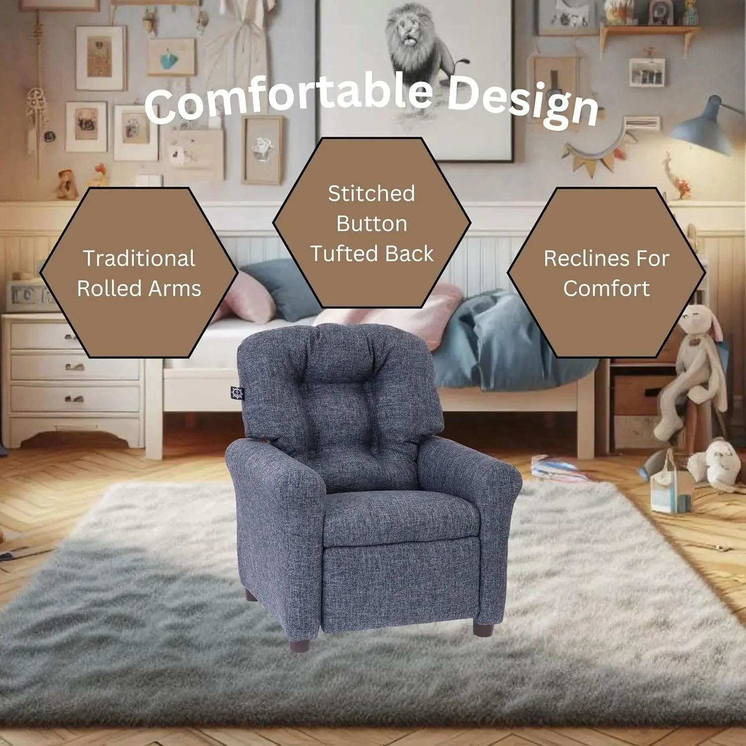 FURNITURE Traditional Kids Recliner, Toddler Ages 1-5 Years, Home Décor Polyester Linen, Gray