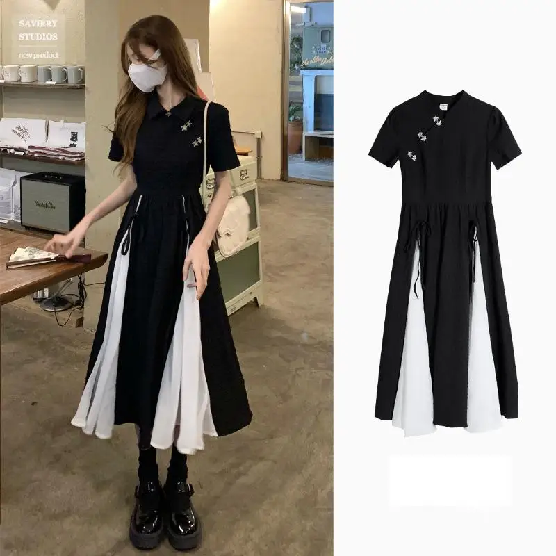 Chinese Style Improved Cheongsam Dress Women's Summer 2022 New Design Sense Closed Waist Short Sleeve Medium And Long Skirt Wome