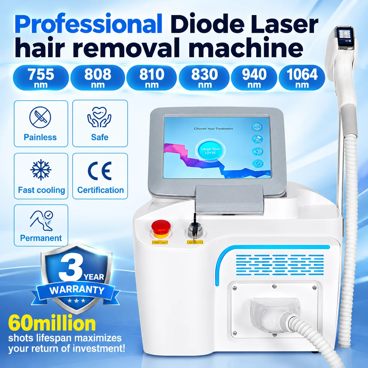4 Wave Soprano Diode Laser Hair Removal Machine 5000W Portable 755nm 808nm 940nm 1064nm Ice Titanium Permanent Hair Remover