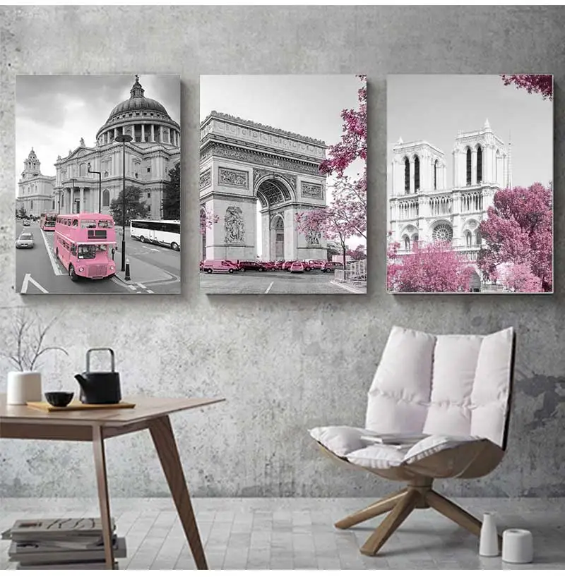 لوحة قماشية اسكندنافية لتزيين الغرف ، ملصقات ومطبوعات ، باريس ، زهرة ، فرنسا ، مدينة ، مبنى ، قلعة ، وردي وأسود