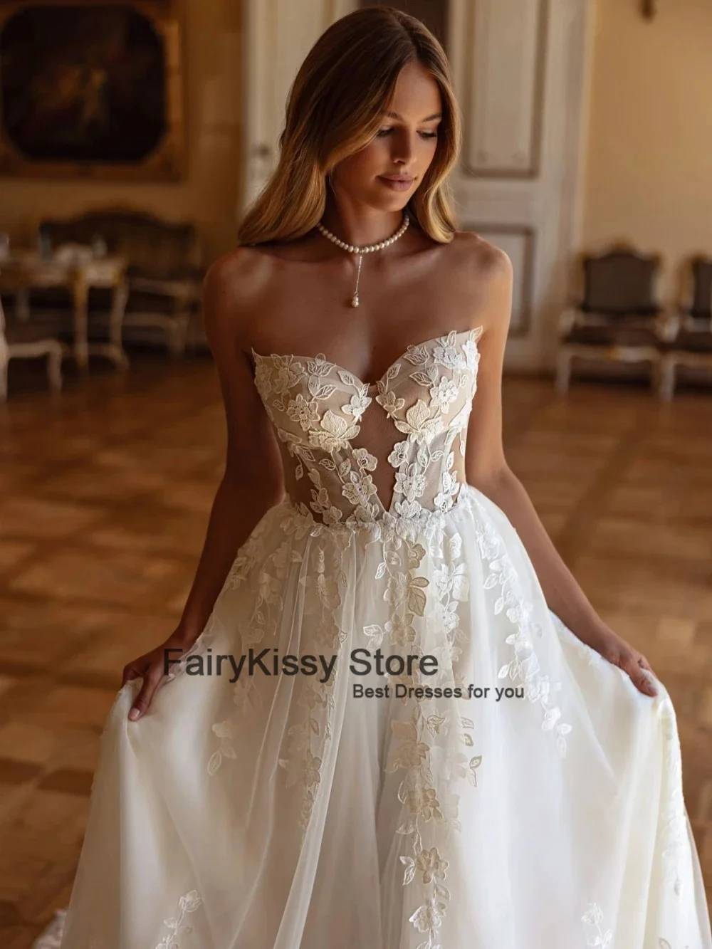 ชุดแต่งงาน FairyKissy รุ่นคลาสสิค ทรงสวีทฮาร์ท เซ็กซี่ แขนกุด เปิดหลัง ประดับลูกไม้ ทรงเอไลน์ ชุดเจ้าสาว Vestidos De Novia