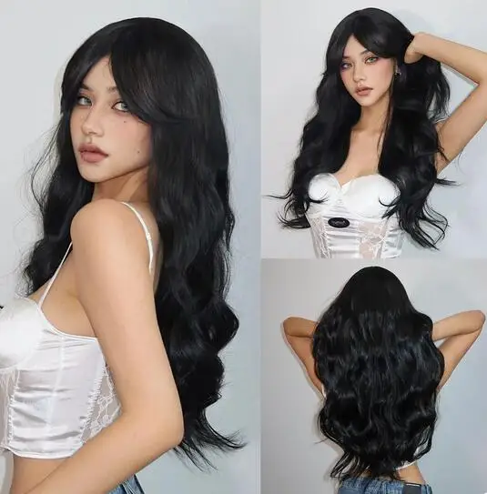 

Black Long Wavy Wigs for Women Synthetic Wig with Bangs Deep Wave Hair Cosplay Wig Natural Looking Hair for Daily Heat Reisitant